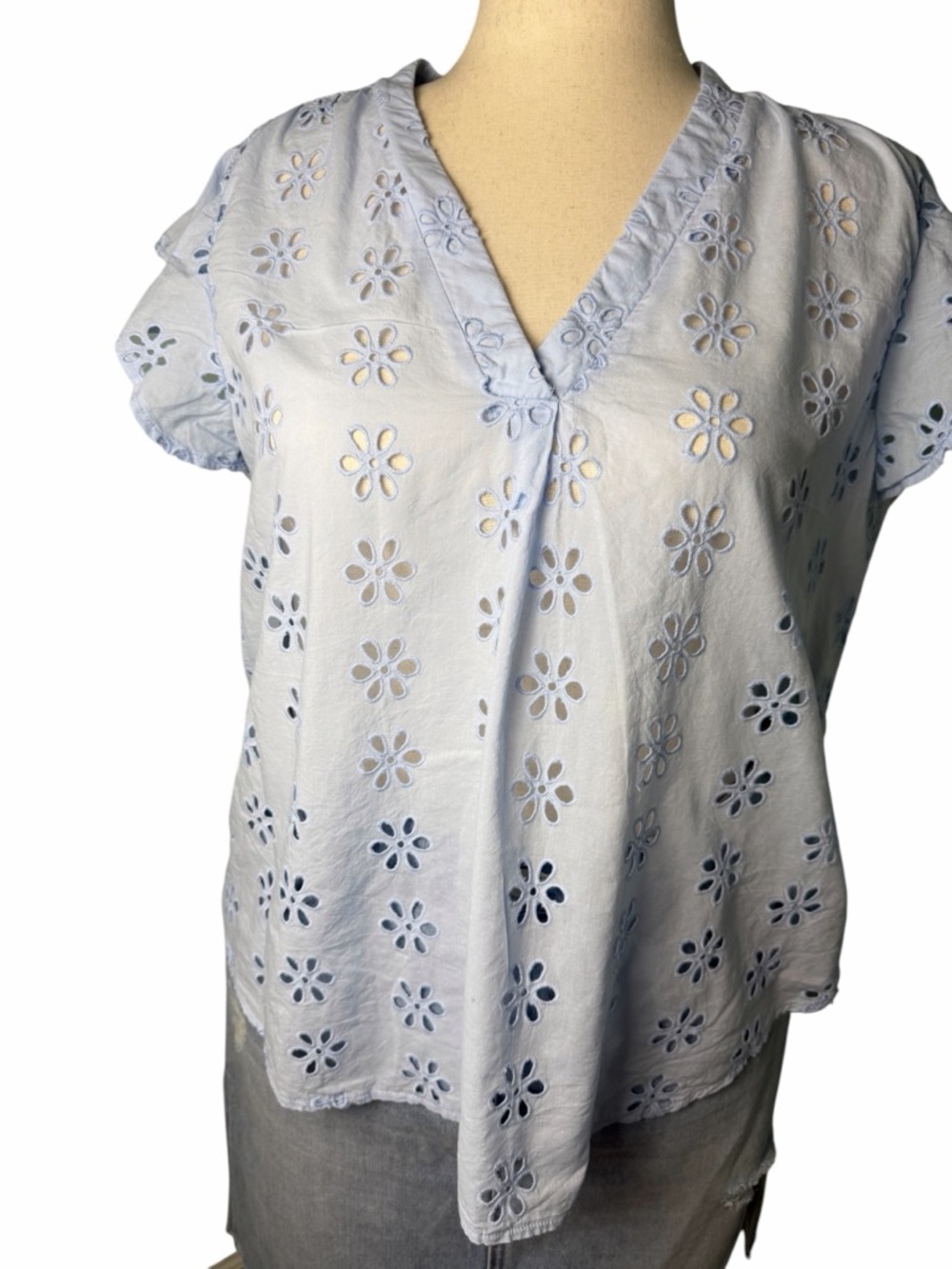 Pale Blue Eyelet V-Neck Cotton Blouse, Sleeveless, Cottagecore, Spring, size XL